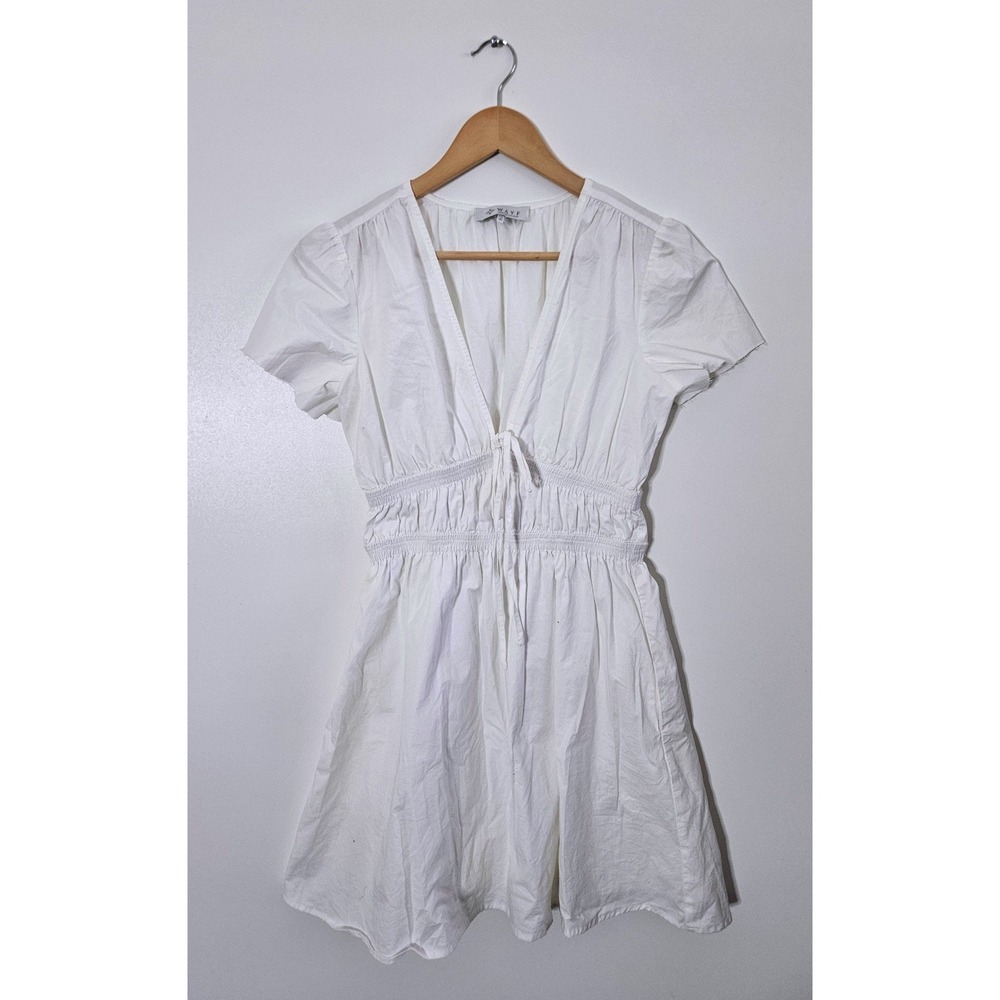 WAYF White V-Neck Smocked‎ Waist Mini Dress Women's Size XS Summer Casual Beach - Picture 2 of 6